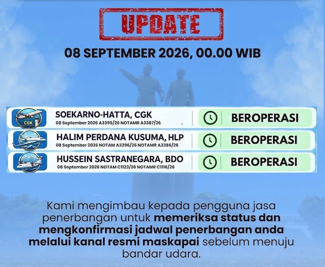 Bandara Soekarno-Hatta Kembali Beroperasi Hari Ini, Ini Update Penerbangan CGK 8 September 2026